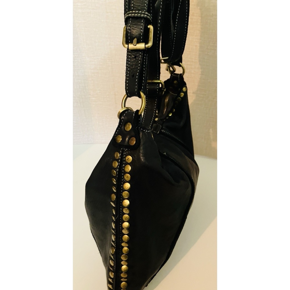Bolsa Nova Anna Hobo Italian Black Washed Supple Leather Studded Shoulder Bag